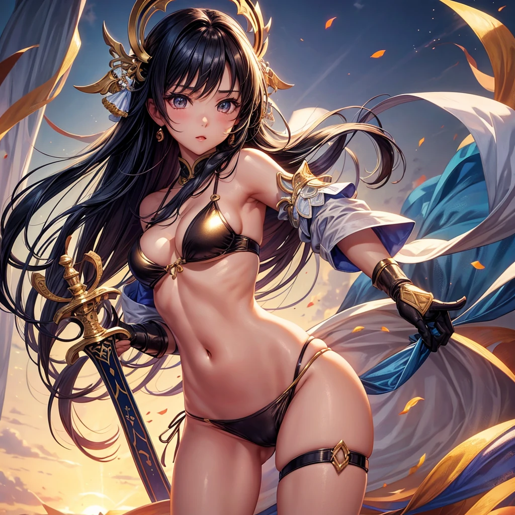 Beautiful Asian girl, 18 years old, light bikini knight girls, sexy lady, medium breasts, camel toe, long sword,