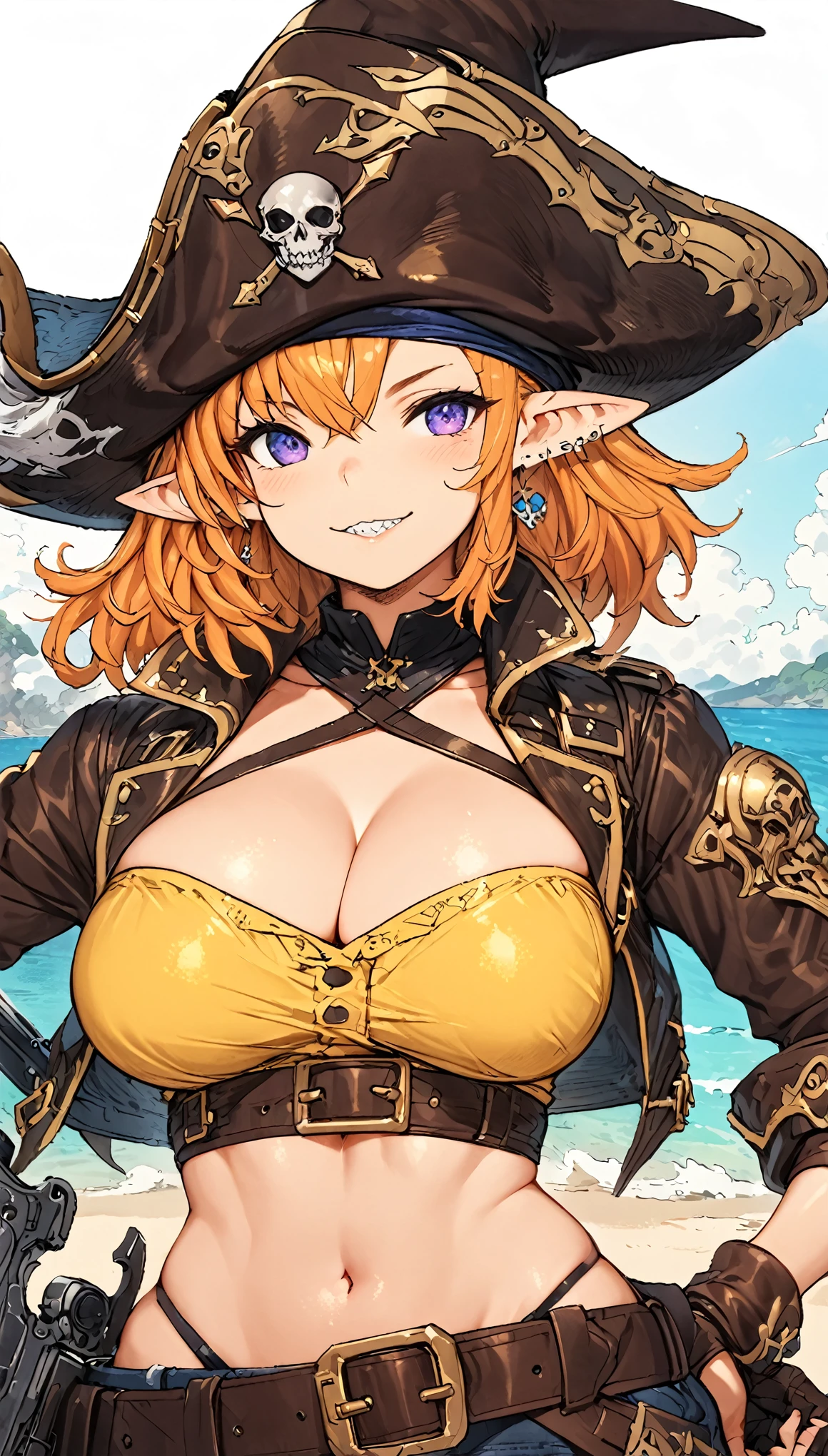 best quality,4k,8k, highres, masterpiece:1.2), ultra-detailed, extremely detailed eyes, extremely detailed body, (large masterpiece digital art), (detailed manga illustration), (detailed line art), ((perfect anatomy)), (intricate details:1.3), (ultra-detailed:1.3), (illustration:1.3), (sharp focus:1.3), (natural lighting:1.05), (vivid colors:1.3), (masterpiece), (best quality:1.4), (perfect anatomy:1.4), high quality, expressive eyes, full body, detailed face, beautiful face, perfect face, 1 girl, breast, large breast, cleavage, detailed hair, medium hair, orange hair, hair over one eye, purple eyes, eyepatch, (whale girl), pointy ears, pirate, pirate hat, tricorne, earrings, ((yellow shirt)), crop top, cross-laced clothes, belt, wide smile, (sharp teeth), ((cropped jacket)), holding weapon, gunblade, gun, (midriff), asymmetrical clothes, (asymmetrical pants), gloves, curvy, two-tone skin, black skin, jewelry, Intricate, High Detail, Sharp focus, dramatic, cinematic lighting, dramatic atmosphere, (((coastline background))), soft bokeh of beach,