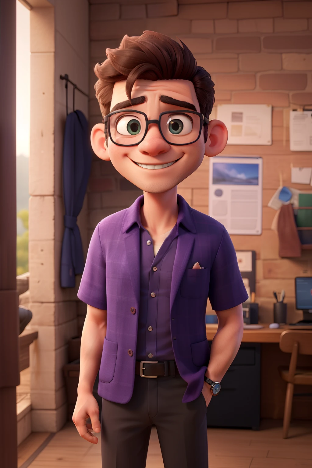(best quality,high resolution,Extremely detailed) A 40-year-old brown-haired oriental man wearing black clothes, glasses sunglasses, . He has short hair. Against the wall.Smiling in purple shirt.Light colored blazer with blue eyes. One hand holds his baseball cap. Sunset in the background.Hands in pockets on the front,Carrying a Sony single-lens camera on my chest