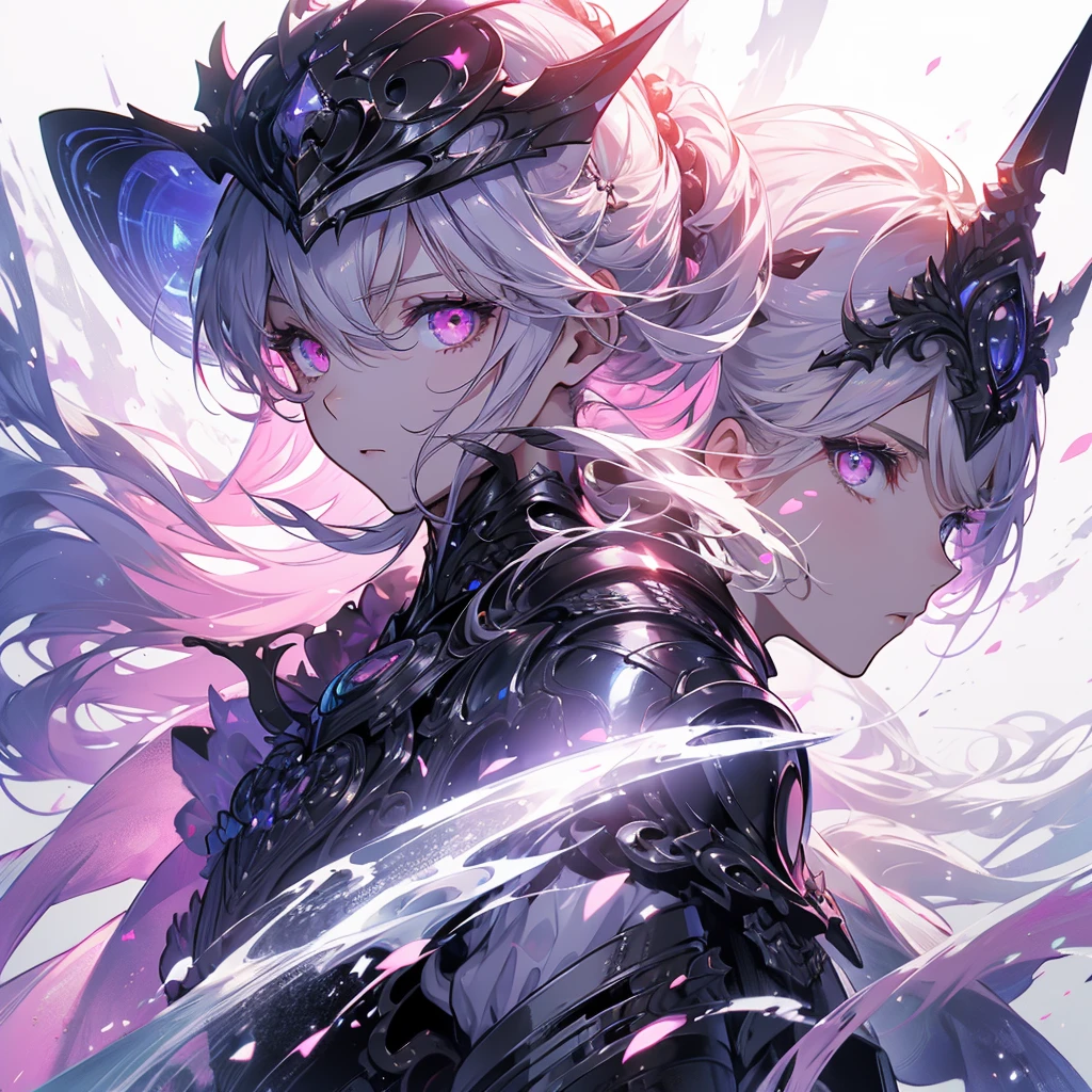((masterpiece, best quality)), Epic battlefield atmosphere,Delicate face,knight,Pure White Bride Armor,Halo,whole body,Standing picture,Perfect body proportions,Double ponytail hair,Nice pink eyes,Fantasy style,White background,transparent,Lace