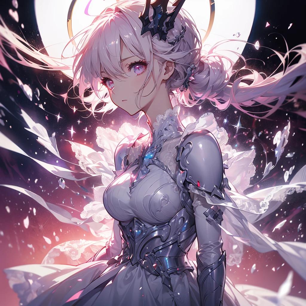 ((masterpiece, best quality)), Epic battlefield atmosphere,Delicate face,knight,Pure White Bride Armor,Halo,whole body,Standing picture,Perfect body proportions,Double ponytail hair,Nice pink eyes,Fantasy style,White background,transparent,Lace