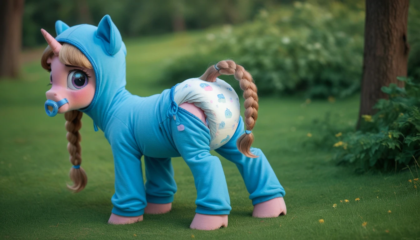 pony, light caramel unicorn, adult mare, plum eyes, lush mane braided, bushy tail, stands on four hooves, rear hooves spread wide apart, dressed in an onesie adult size blue and booties adult size blue, blue pacifier in mouth, solo, raised tail, thick dark blue diaper under clothes, pink blush on cheeks, Embarrassment, Awkwardness.