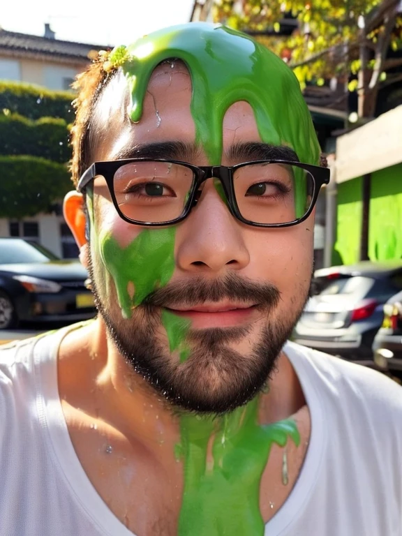 (yossan), Slime, (monster), (Body is translucent), (Wet), (Green Sweat), Man with green mucus all over his body. 彼の髪も緑色のSlimeで覆われています. Green mucus splatters around,beard, Glasses, obesity