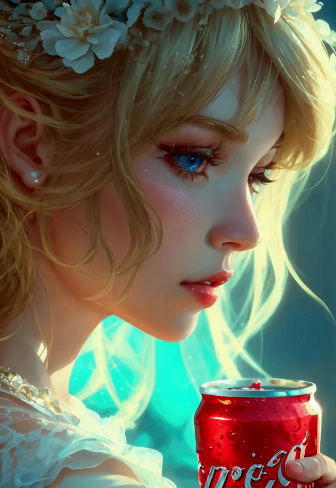 Beautiful girl modern fashion drink Coca-Cola, cinematic style,8k resolution, soft lighting,skin and hair texture super details, eyes,nose, mouth are realistic details,Blonde hair