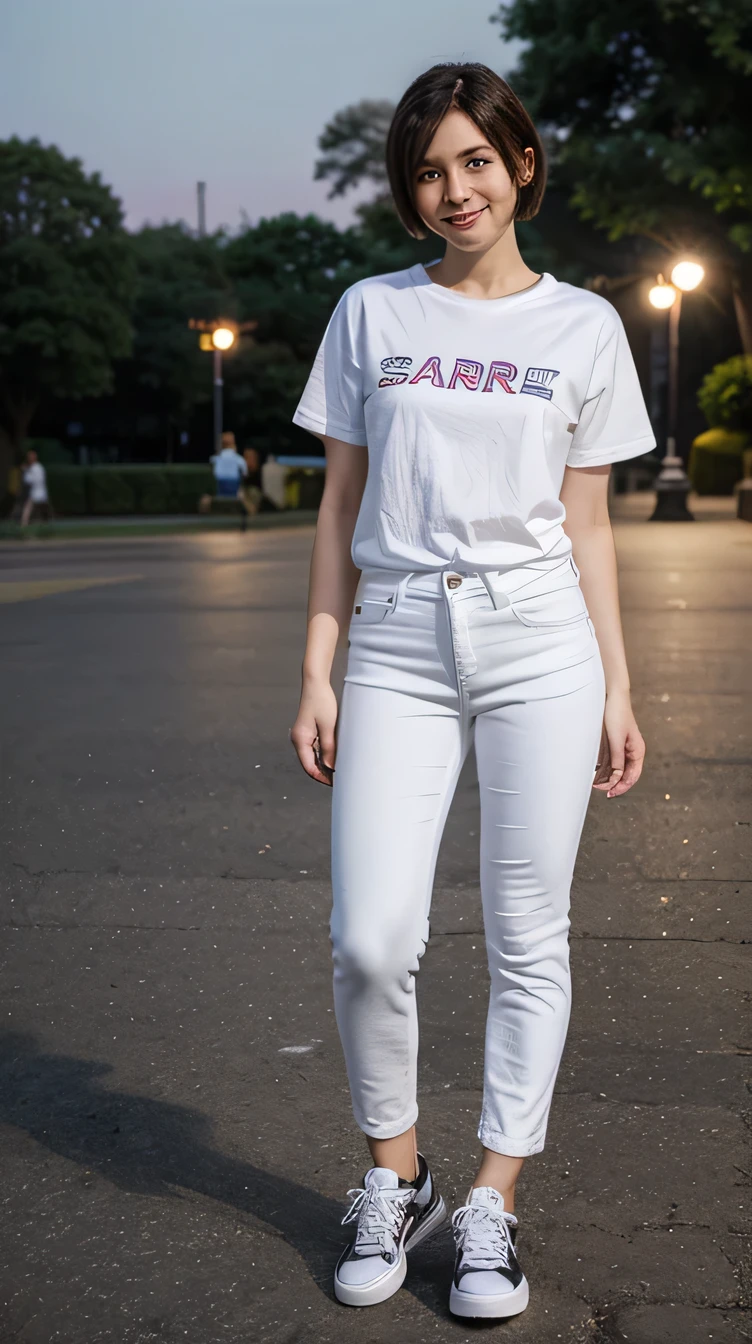 A 25-year-old woman wearing a T-shirt, Full body photo、White jeans and sneakers、Are standing、smile、short hair、Background is a park at night.
