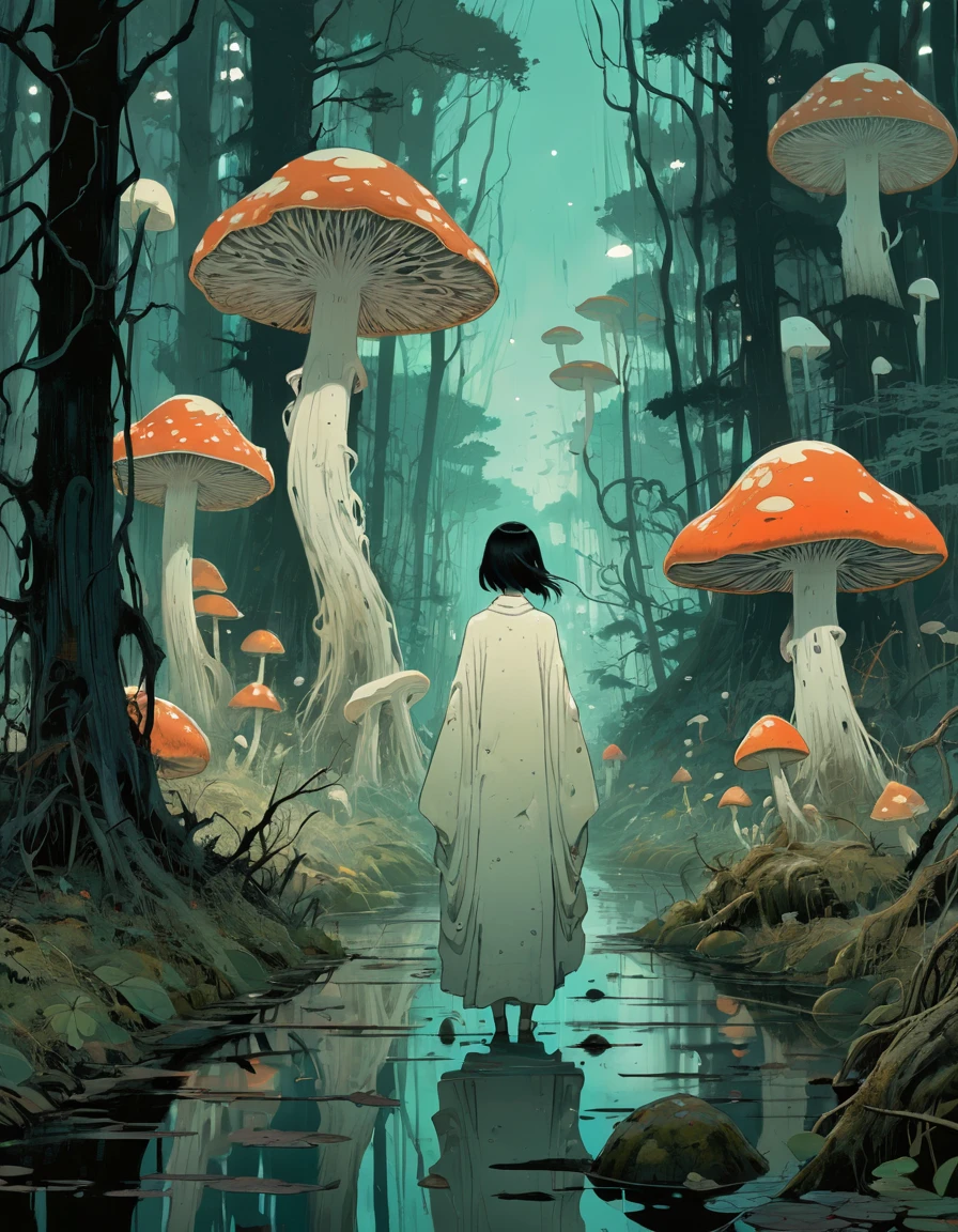 Soft colors, Hundreds of ghosts, Ghost style, Dark and scary (Haunted:1.4) A swamp full of giant mushrooms (hundreds of Haunted ghosts roam:1.2). Fantastic illustrations, Surreal fantasy, author：Victo Ngai 和 Makoto Shinkai