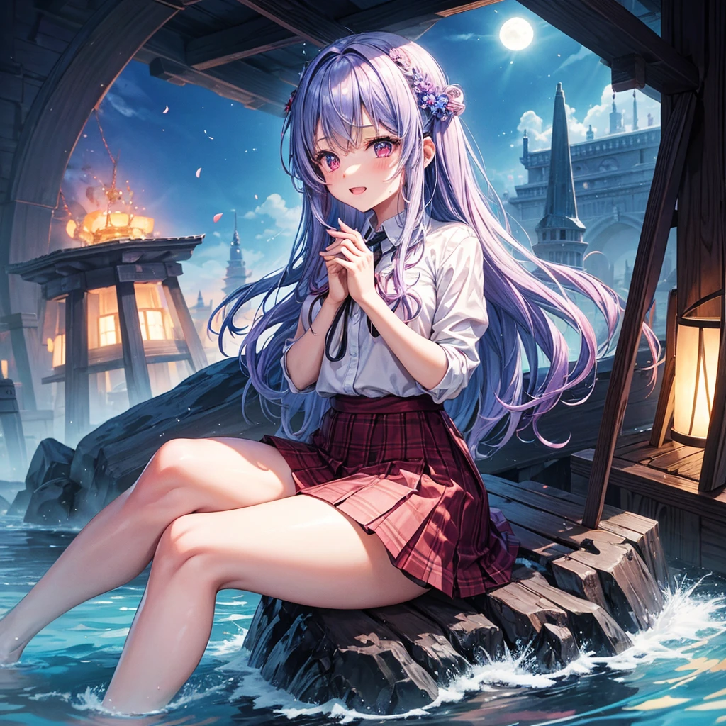 Blue-light purple hair、Red eyes、One cute girl、solo、And soul、Light clothing、Checked mini skirt、petal、Wet hair、Sit on、black t-shirts、Has a button、large tree、cloud、Red full moon、desert、barefoot、Stones are piled up、Teeth are visible、Secret Treasure、Wooden chair、Fortress City、water is gushing out、Tilting face、Hands together、pyramid、The bell is ringing