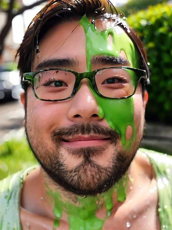 (yossan), Slime, (monster), (Body is translucent), (Wet), (Green Sweat), Man with green mucus all over his body. 彼の髪も緑色のSlimeで覆われています. Green mucus splatters around,beard, Glasses, obesity