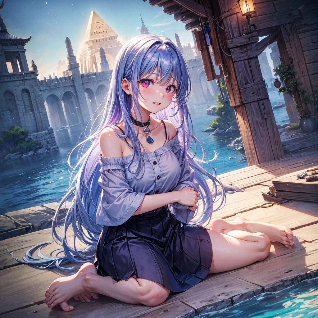 Blue-light purple hair、Red eyes、One cute girl、solo、And soul、Light clothing、Checked mini skirt、petal、Wet hair、Sit on、black t-shirts、Has a button、large tree、cloud、Red full moon、desert、barefoot、Stones are piled up、Teeth are visible、Secret Treasure、Wooden chair、Fortress City、water is gushing out、Tilting face、Hands together、pyramid、The bell is ringing