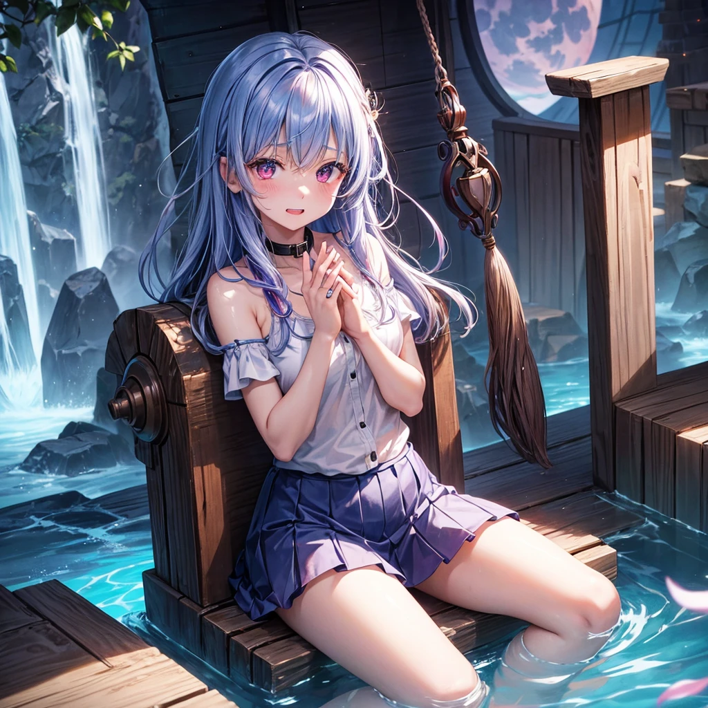 Blue-light purple hair、Red eyes、One cute girl、solo、And soul、Light clothing、Checked mini skirt、petal、Wet hair、Sit on、black t-shirts、Has a button、large tree、cloud、Red full moon、desert、barefoot、Stones are piled up、Teeth are visible、Secret Treasure、Wooden chair、Fortress City、water is gushing out、Tilting face、Hands together、pyramid、The bell is ringing