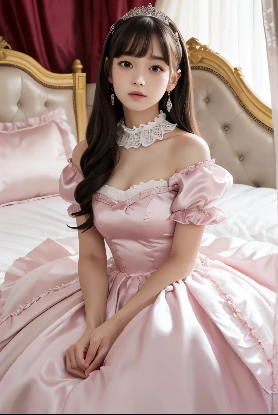 highest quality, masterpiece, highest resolution, artwork, super それにget used to it, many get used to it, get used to it, それにget used to it, 3k realistic pictures,,((12 year old little girl)),Ultra-detailed juvenile face,ultra-detailed beautiful little girls,girls are princess,full length ball gown dress with hoop skirt,ruffled yoke collar,puff sleeves,midium sleeve,((Lolita style light pink detailed princess satin dress with lots of ruffles and ribbons)),Rococo style lolita fashion,shiny satin dress,Soft and smooth fabric,detailed princess dress,luxury,long black hair,dark eyes,white skin Japanese,Pajama,((in the bedroom of the palace)),luxury princess ,shiny satin sheets,ultra-detailed princess bed,High-quality background,lot of frilled pillows,on the bed,
