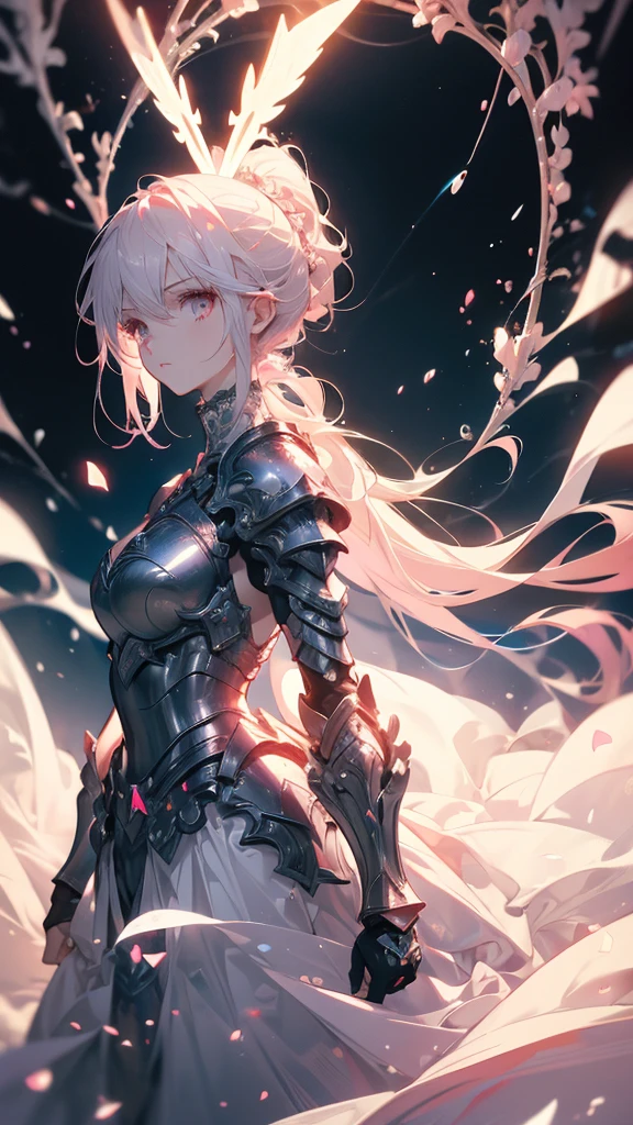 ((masterpiece, best quality)), Epic battlefield atmosphere,Delicate face,knight,Pure White Bride Armor,Halo,whole body,Standing picture,Perfect body proportions,Double ponytail hair,Nice pink eyes,Fantasy style,White background,transparent,Lace