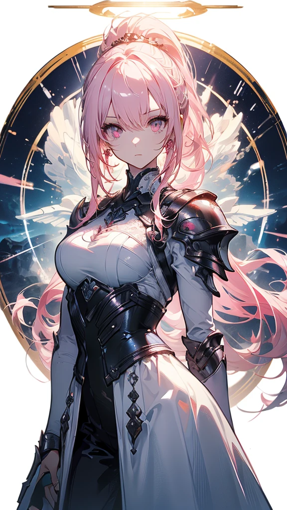 ((masterpiece, best quality)), Epic battlefield atmosphere,Delicate face,knight,Pure White Bride Armor,Halo,whole body,Standing picture,Perfect body proportions,Double ponytail hair,Nice pink eyes,Fantasy style,White background,transparent,Lace