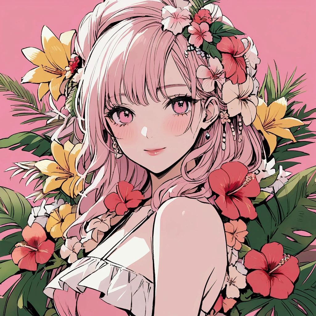 Summer tropical flowers pink sky beach woman