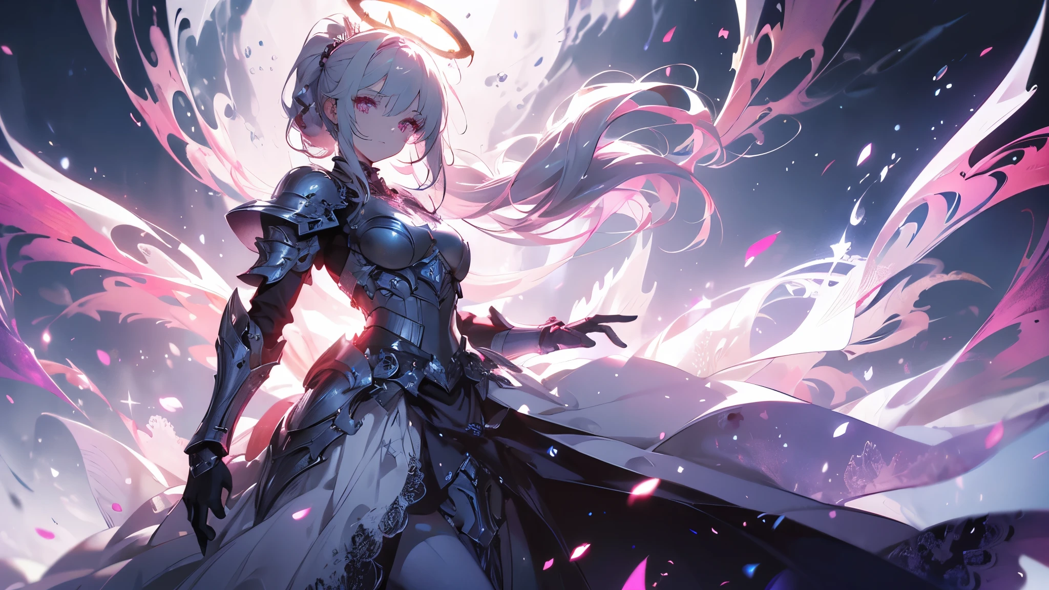 ((masterpiece, best quality)), Epic battlefield atmosphere,Delicate face,knight,Pure White Bride Armor,Halo,whole body,Standing picture,Perfect body proportions,Double ponytail hair,Nice pink eyes,Fantasy style,White background,transparent,Lace