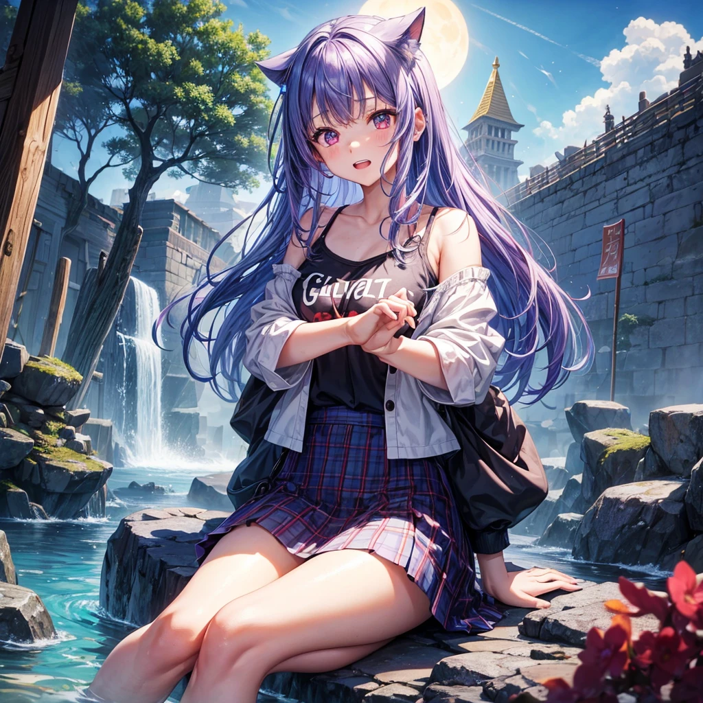 Blue-light purple hair、Red eyes、One cute girl、solo、And soul、Light clothing、Checked mini skirt、petal、Wet hair、Sit on、black t-shirts、Has a button、large tree、cloud、Red full moon、desert、barefoot、Stones are piled up、Teeth are visible、Secret Treasure、Wooden chair、Fortress City、water is gushing out、Tilting face、Hands together、pyramid、Golden Bell