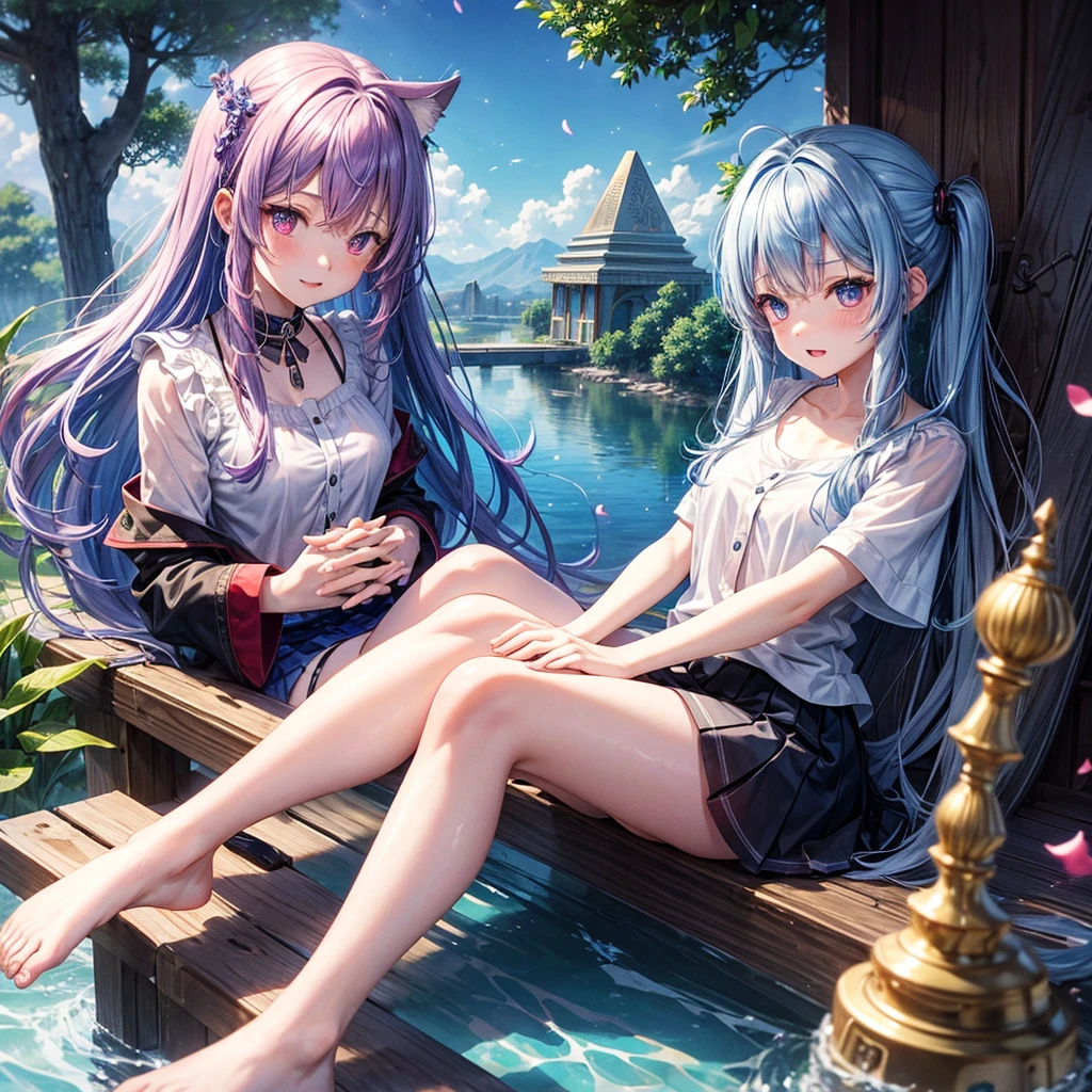 Blue-light purple hair、Red eyes、One cute girl、solo、And soul、Light clothing、Checked mini skirt、petal、Wet hair、Sit on、black t-shirts、Has a button、large tree、cloud、Red full moon、desert、barefoot、Stones are piled up、Teeth are visible、Secret Treasure、Wooden chair、Fortress City、water is gushing out、Tilting face、Hands together、pyramid、Golden Bell