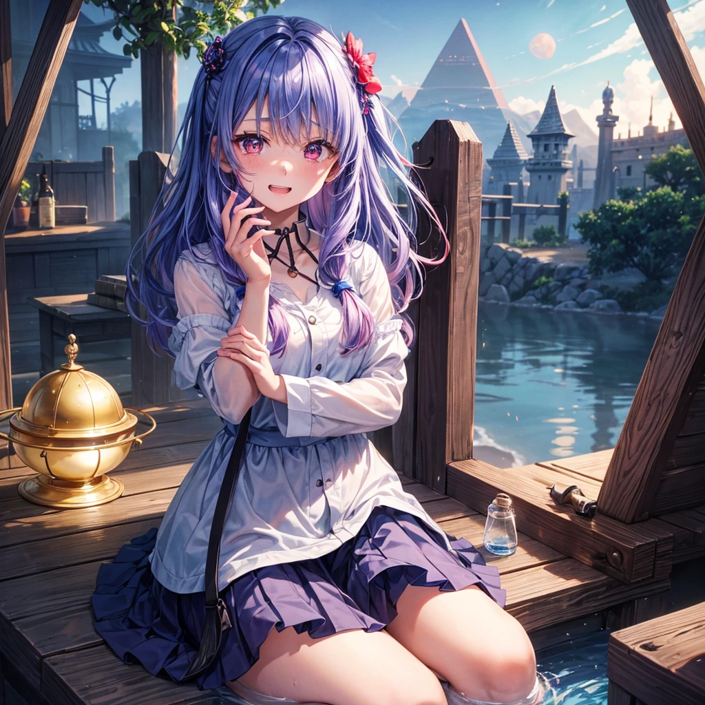 Blue-light purple hair、Red eyes、One cute girl、solo、And soul、Light clothing、Checked mini skirt、petal、Wet hair、Sit on、black t-shirts、Has a button、large tree、cloud、Red full moon、desert、barefoot、Stones are piled up、Teeth are visible、Secret Treasure、Wooden chair、Fortress City、water is gushing out、Tilting face、Hands together、pyramid、Golden Bell