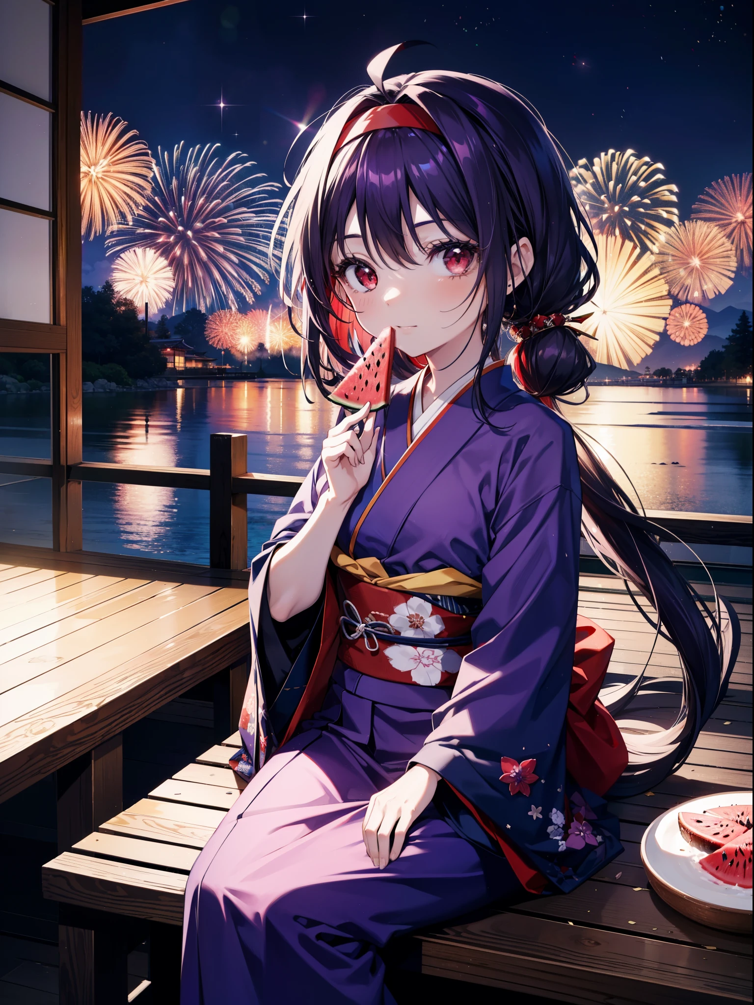yuukikonno, Yuuki Konno, hair band, Long Hair, Pointed Ears, Purple Hair, Ahoge,(Red eyes:1.5), (Small breasts:1.2),low twin tail,smile,Open your mouth,Purple Kimono,Purple long skirt,Fireworks in the night sky,Fireworks,The place is a fireworks display,Time is night,sunny day,Sitting on a bench,He is eating a triangular piece of red watermelon, holding it in both hands.,Wind Chimes,whole bodyがイラストに入るよう,
break looking at viewer, , whole body, (Cowboy Shot:1. 5)
break indoors, Veranda,Japanese garden,
break (masterpiece:1.2), Highest quality, High resolution, unity 8k wallpaper, (figure:0.8), (Beautiful attention to detail:1.6), Highly detailed face, Perfect lighting, Highly detailed CG, (Perfect hands, Perfect Anatomy),
