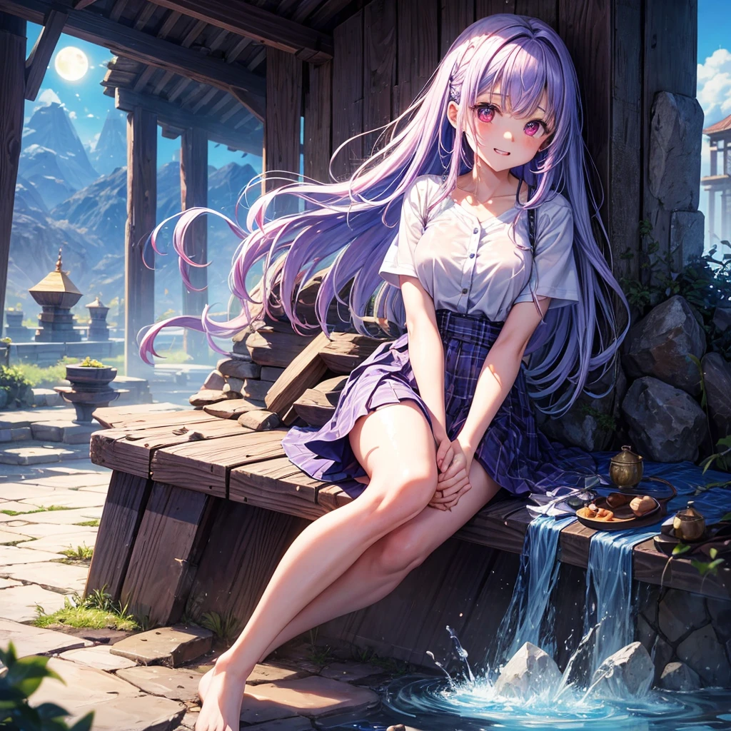 Blue-light purple hair、Red eyes、One cute girl、solo、And soul、Light clothing、Checked mini skirt、petal、Wet hair、Sit on、black t-shirts、Has a button、large tree、cloud、Red full moon、desert、barefoot、Stones are piled up、Teeth are visible、Secret Treasure、Wooden chair、Fortress City、water is gushing out、Tilting face、Hands together、pyramid、Golden Bell