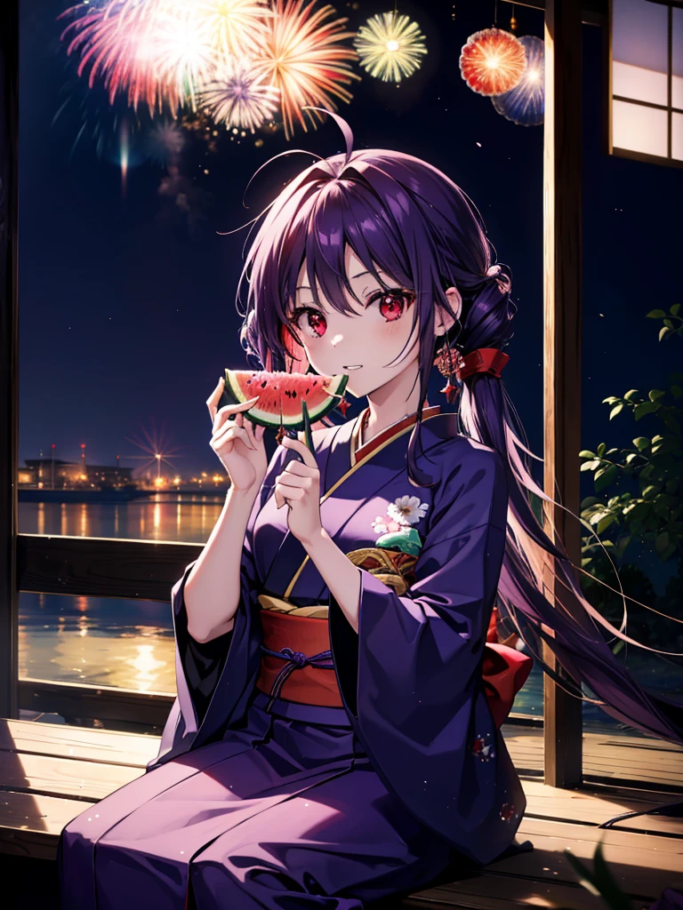yuukikonno, Yuuki Konno, hair band, Long Hair, Pointed Ears, Purple Hair, Ahoge,(Red eyes:1.5), (Small breasts:1.2),low twin tail,smile,Open your mouth,Purple Kimono,Purple long skirt,Fireworks in the night sky,Fireworks,The place is a fireworks display,Time is night,sunny day,Sitting on a bench,He is eating a triangular piece of red watermelon, holding it in both hands.,Wind Chimes,whole bodyがイラストに入るよう,
break looking at viewer, , whole body, (Cowboy Shot:1. 5)
break indoors, Veranda,Japanese garden,
break (masterpiece:1.2), Highest quality, High resolution, unity 8k wallpaper, (figure:0.8), (Beautiful attention to detail:1.6), Highly detailed face, Perfect lighting, Highly detailed CG, (Perfect hands, Perfect Anatomy),