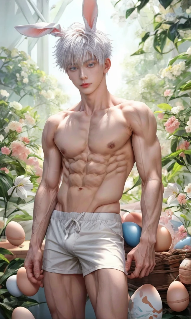 Japanese male model, high resolution 8k , Portrait, adult, handsome, perfect face detail, detailed eyes and face, clean shaved, sixpack realistic, white eyebrow hair, white eyelashes, dynamic lighting, unreal engine 5, hd picture, satoru gojo, Jujutsu kaisen, white hair, short hair ,hair between eyes ,blue eyes, white skin, Rabbit ears, flower details, egg details
