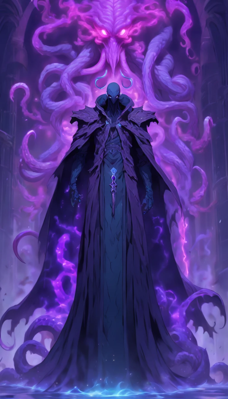 Mind flayer,Inspired by Dungeons & Dragons,Full body concept art illustration of Mind Flayer。The character has human-like proportions,tall、slim and muscular。The character has 4 tentacles extending from its chin,Light purple skin,Almost Blue。The character is dressed in exquisite、Luxurious white academic robes and ornate leather boots。Background is blank