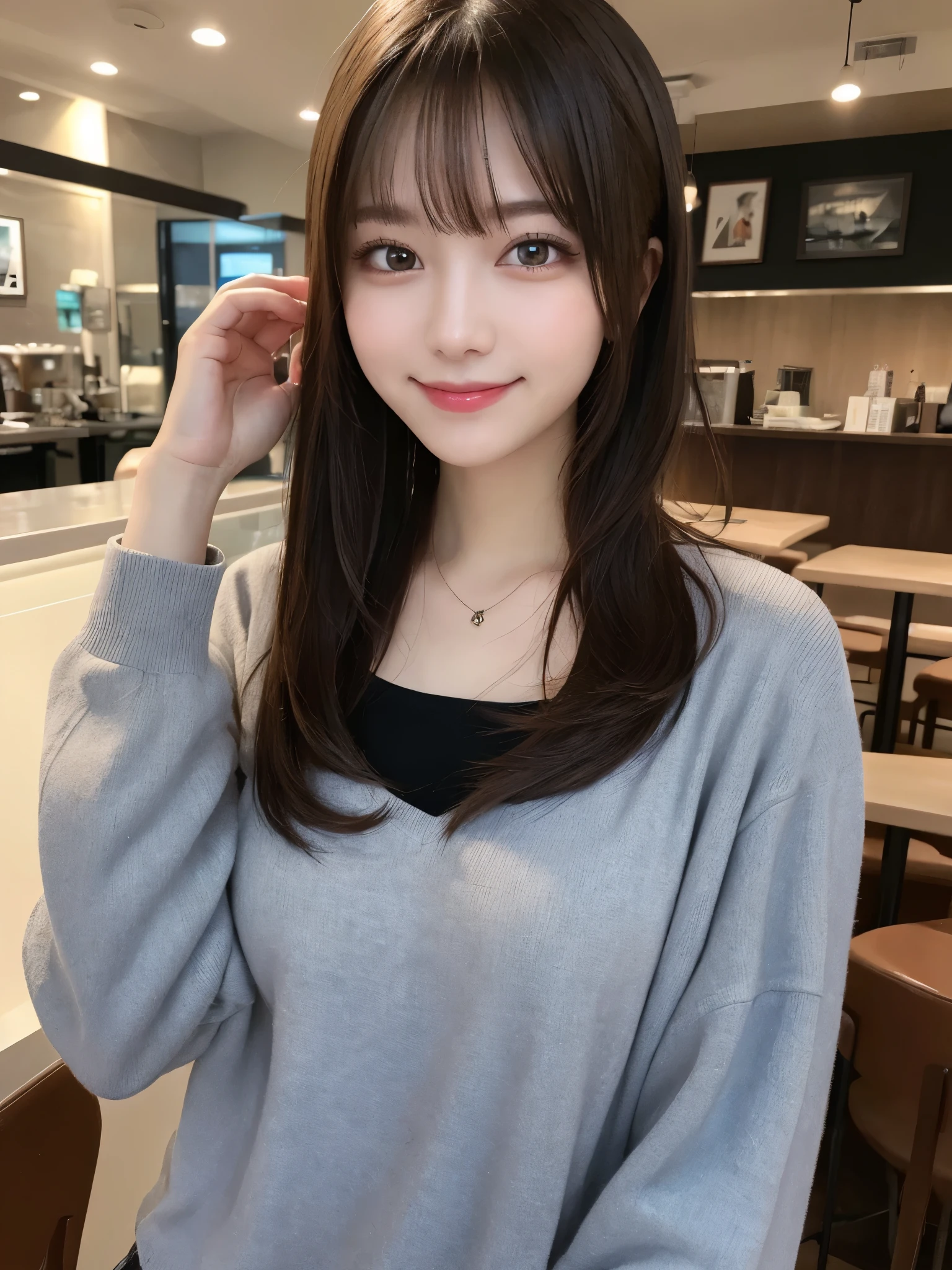 masterpiece, best quality, illustration, ultra-detailed, finely detailed, high resolution, 8K wallpaper, perfect dynamic composition, beautiful detailed eyes, cafe, casual clothing, medium hair, small breasts, relaxed pose, smile, looking at camera