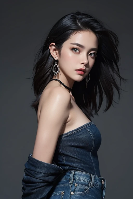(realistic:1.4),(masterpiece:1.2), (best quality:1.2),looking at viewer,dramatic angle, dramatic pose, 1girl,black dress,(jewelry),showing right shoulder, denim,