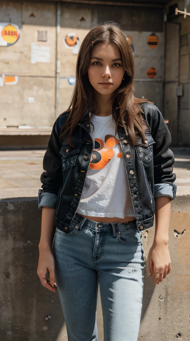 brown hair girl photo, White shirt, Black denim jacket with bottoms, Black jeans and orange shoes. In the photo、It comes with a frame that looks like a sticker in a sticker album.