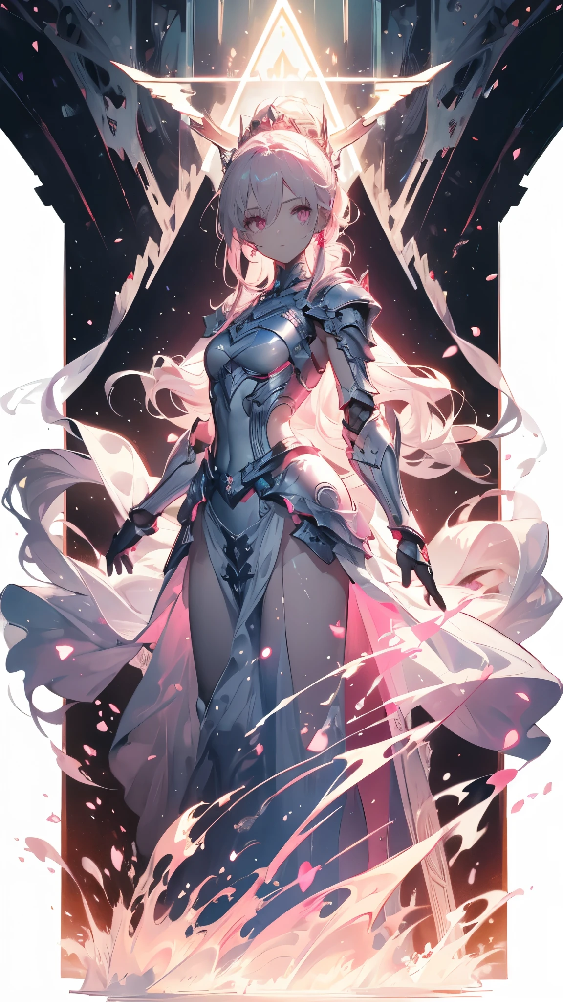 ((masterpiece, best quality)), Epic battlefield atmosphere，Delicate face，knight，Pure White Bride Armor，Halo，whole body，Standing picture，Perfect body proportions，Double ponytail hair，Nice pink eyes，Fantasy style，White background，transparent，Lace