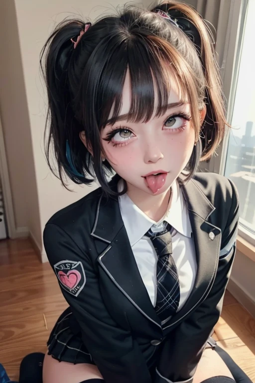 high quality, detailed,High school girl wearing blazer uniform,plaid skirt,wearing black overknee socks,she is standing,a mole under the eye,(bob hair,bob hair),(tounge out,tounge out tounge out),(blushing:1.4),the whole body,the whole body,she has a lot of earrings,tattoo,tattoo,detailed background,in the classroom,ecstasy,orgasm,tattoo