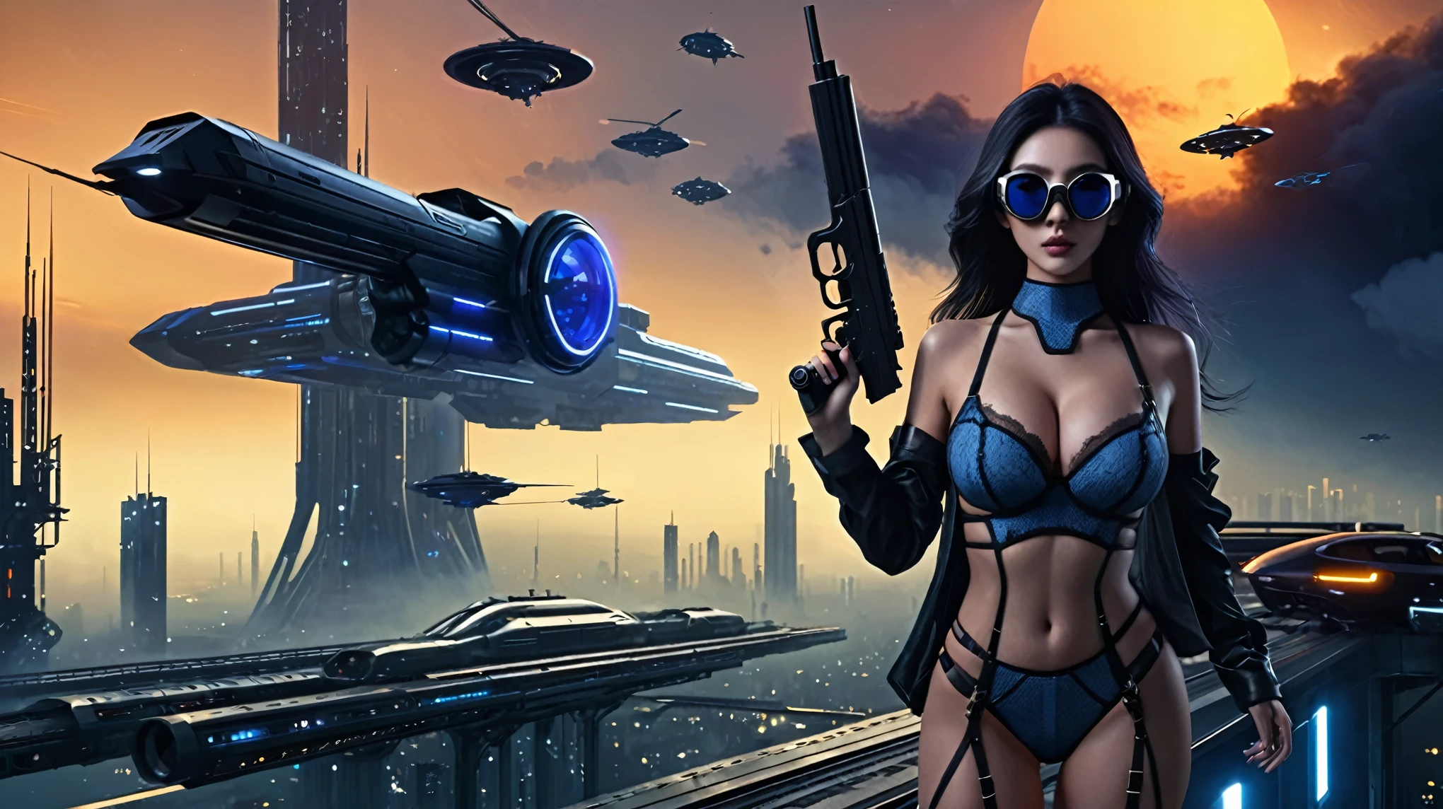 at night, ((a large-breast:1.2 lingerie slim:0.6 GIRL with black mini VR sunglasses)), ((holding a pistol)), aerial view of an ultra-futuristic megalopolis, tall metal buildings in dark colors from dark blue to black, shades of metal gray, smoky metal structures, industrial environment with fog around, dark cars on the streets, (flying vehicle), modern metal rails and trains passing through, ((futuristic space station)), realistic, detailed, sci-fi.