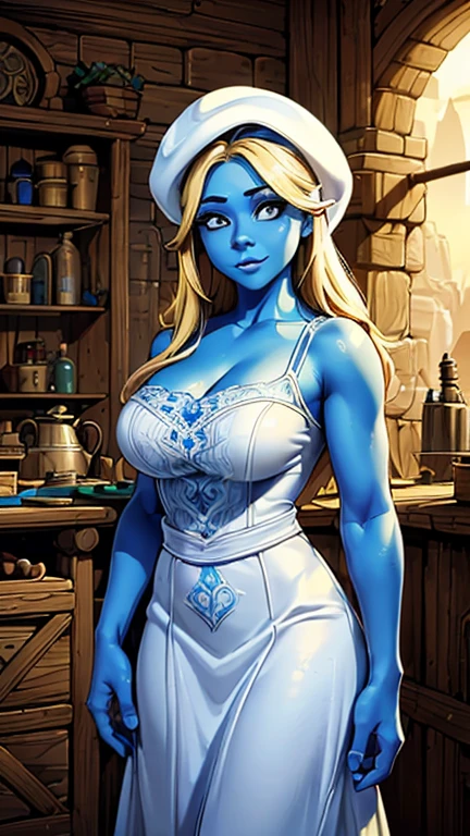 (1girl, Smurfette, hat, white dress, colored skin, blue skin, blonde), (extremely detailed CG unit 8k wallpaper),(master part), (best quality), (ultra detail), (best illustration),(style of Dan Mumford), cowboy shot, (Sharp eyeliner, ombre, detail eyes:1), smurf village interiors background, ,break , (woman-medieval-clothes), upper body