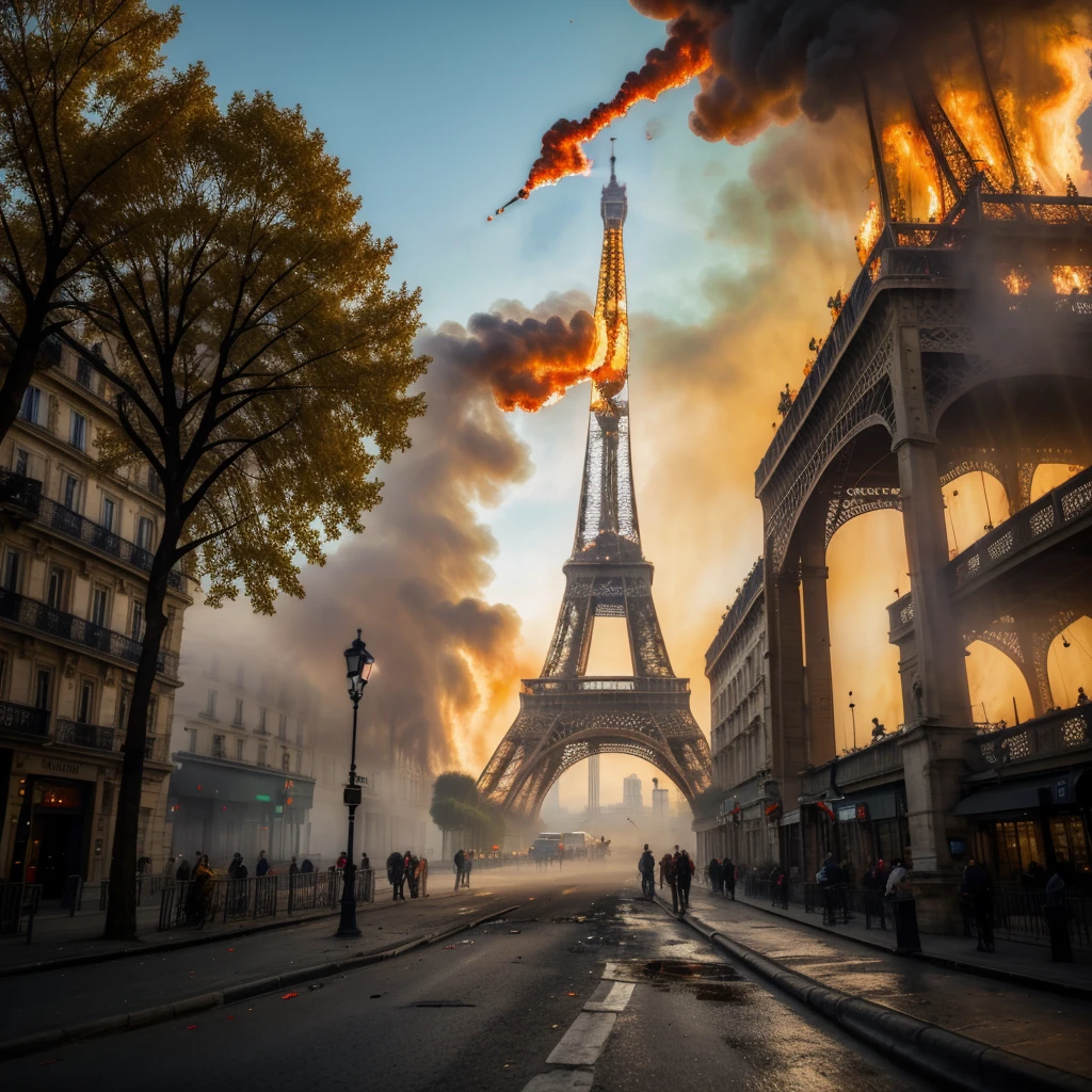 Eiffel Tower in flames, burning Tower, you can see flames, smoke, fog, burning house and trees, desolation, photorealistic vision from road level, street level point of view. ruins and screaming people in the streets