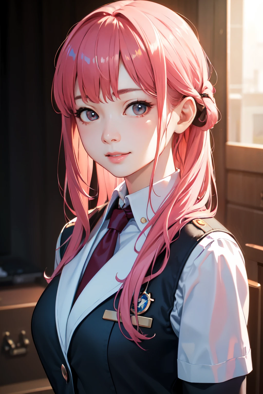 最high quality、masterpiece、超High resolution、(Photorealistic:1.4)、Highly detailed CG Unity 8k wallpaper、Detailed and complex、original、High resolution、Raw photo、(Perfect figure)、Detailed and complex,、Soft Lighting、high quality、high school girl，Lewd，uniform，smile，Pink Hair