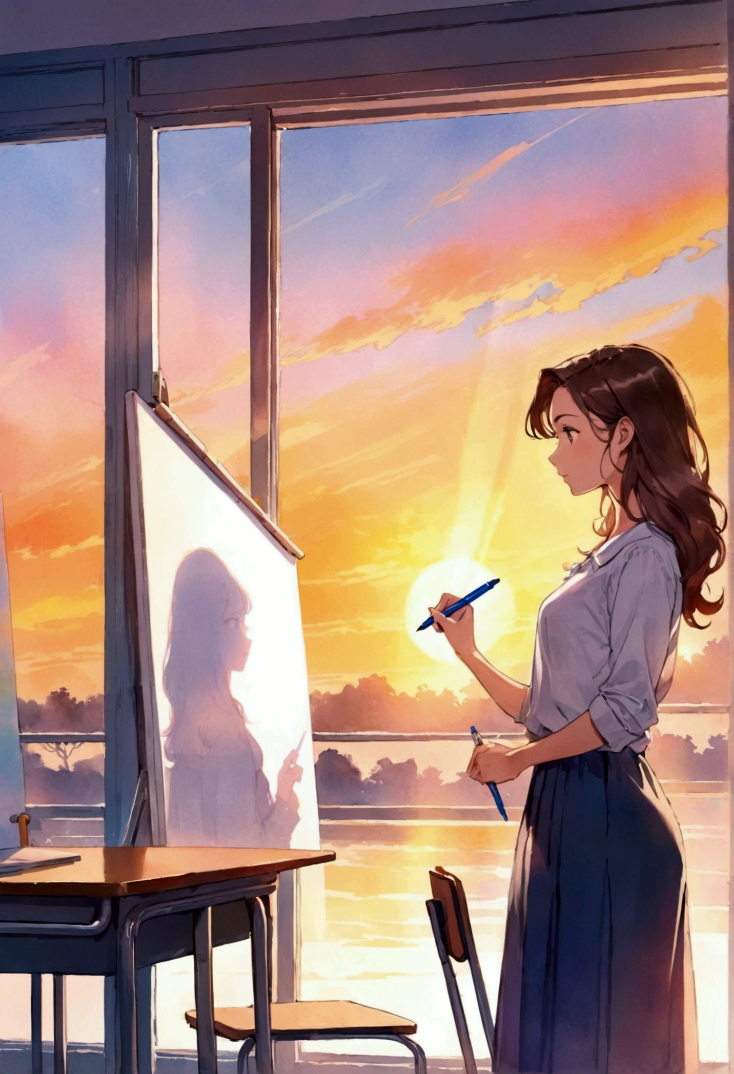 A stunning watercolor painting of an attractive female teacher wearing a casual dress, standing beside a whiteboard. She is writing on the board with a colorful marker, illuminated by warm light from a nearby window. The sunset casts a beautiful golden glow on her side profile, subtly outlining her silhouette. The modern high school classroom is filled with desks and chairs, reflecting a sense of learning and creativity.