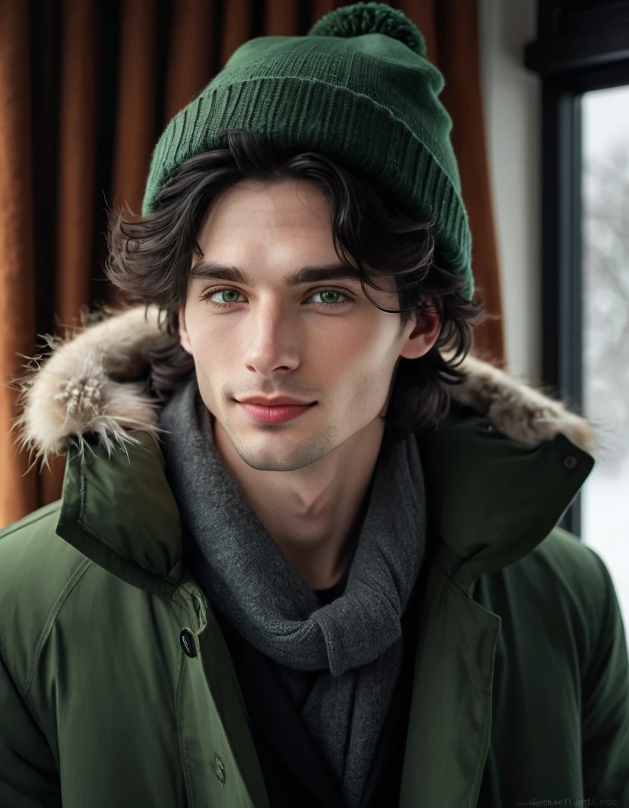 (best quality), 1boy, male, pale skin, black hair, medium hair, curtain hair, tousled hair, dark green eyes, perfect eyes, dark circles under eyes, tall, slender, handsome, strong jawline, lazy, light smile, attractive, sleepy, winter hat, winter coat, masterpiece, anatomically correct, highres
