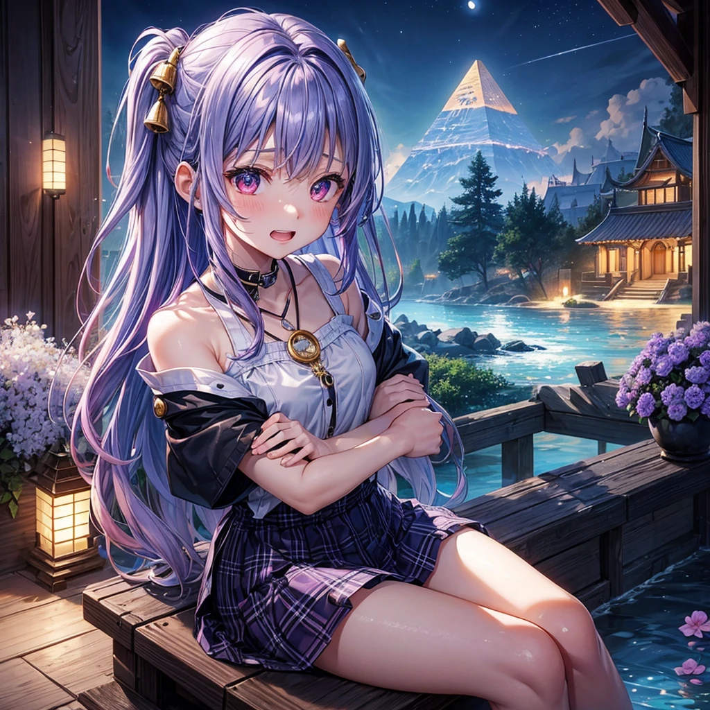 Blue-light purple hair、Red eyes、One cute girl、solo、And soul、Light clothing、Checked mini skirt、petal、Wet hair、Sit on、black t-shirts、Has a button、large tree、cloud、Red full moon、desert、barefoot、Stones are piled up、Teeth are visible、Secret Treasure、Wooden chair、Fortress City、water is gushing out、Tilting face、Hands together、pyramid、Golden Bell