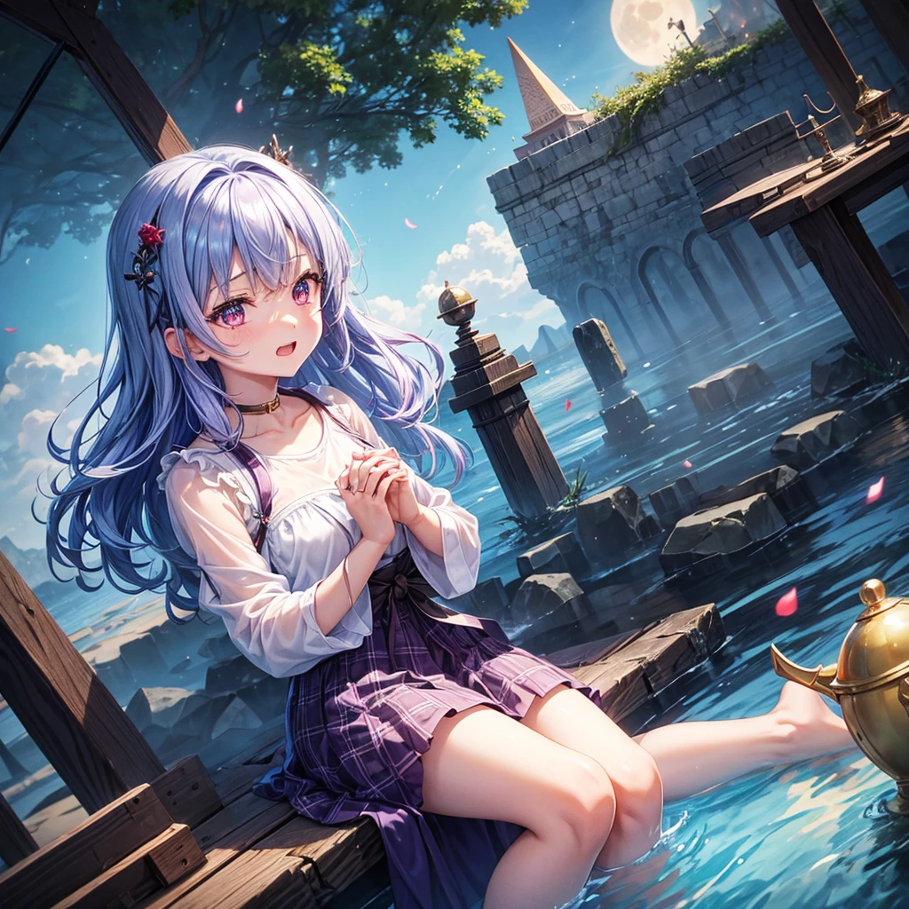 Blue-light purple hair、Red eyes、One cute girl、solo、And soul、Light clothing、Checked mini skirt、petal、Wet hair、Sit on、black t-shirts、Has a button、large tree、cloud、Red full moon、desert、barefoot、Stones are piled up、Teeth are visible、Secret Treasure、Wooden chair、Fortress City、water is gushing out、Tilting face、Hands together、pyramid、Golden Bell