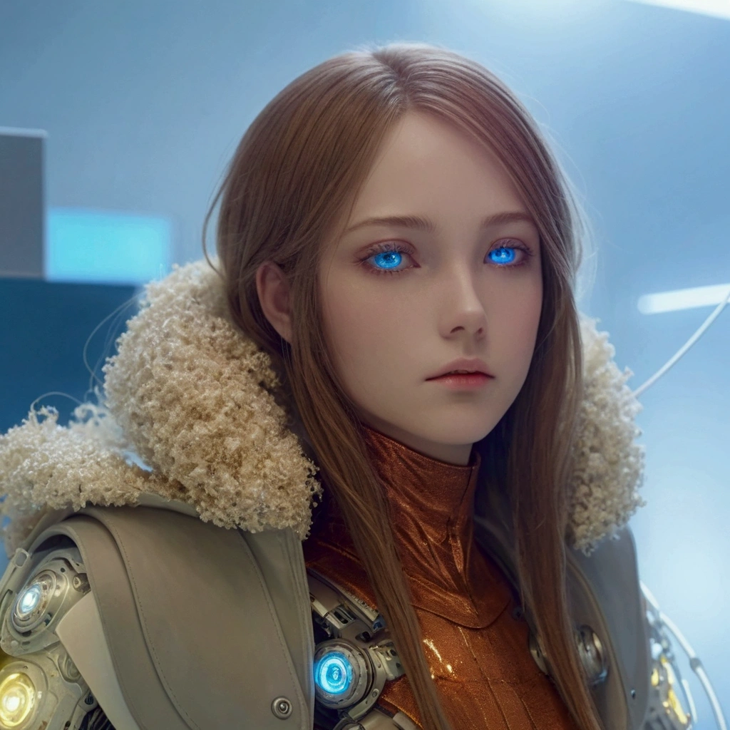 A humanoid robot standing in a high-tech laboratory, surrounded by futuristic gadgets and glowing screens. The robot has a sleek, silver design with blue LED lights, and its expression is curious and contemplative. The lab is illuminated with cool, blue lighting to enhance the sci-fi atmosphere