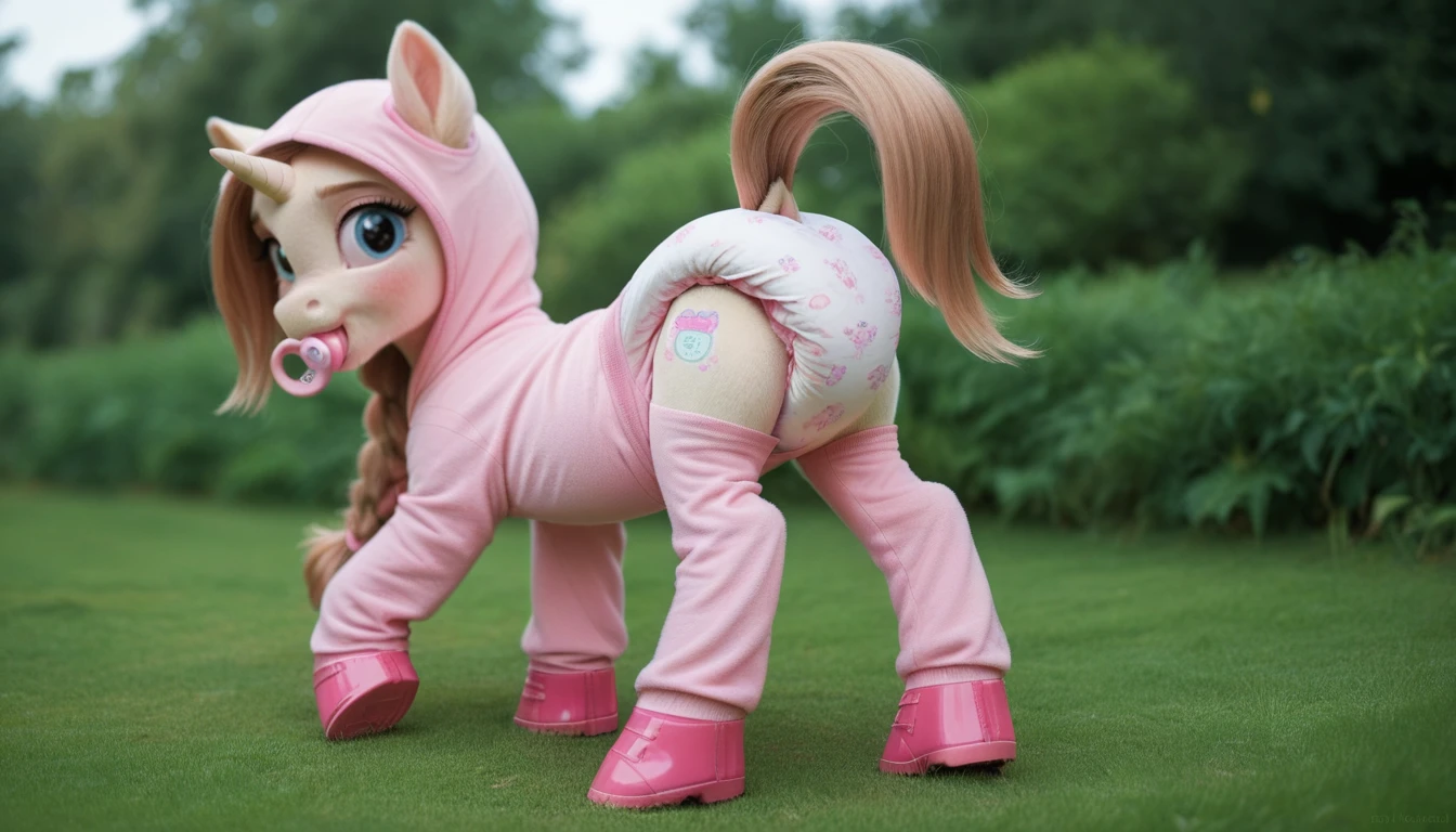 pony, light caramel unicorn, adult mare, plum eyes, lush mane braided, bushy tail, stands on four hooves, rear hooves spread wide apart, dressed in pink an onesie adult size and pink booties adult size, pink pacifier adult size in mouth, solo, raised tail, thick pink diaper under clothes, pink blush on cheeks, embarrassment, awkwardness.