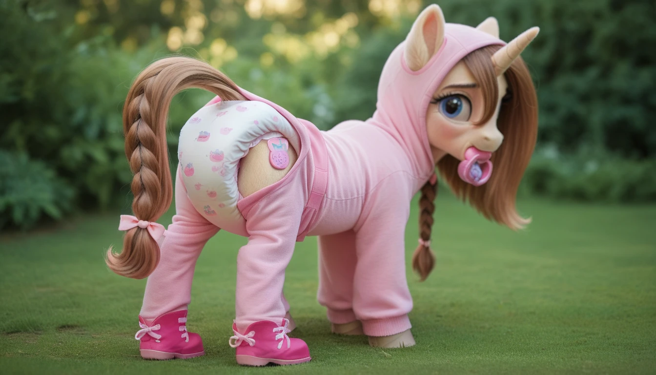 pony, light caramel unicorn, adult mare, plum eyes, lush mane braided, bushy tail, stands on four hooves, rear hooves spread wide apart, dressed in an onesie adult size and booties adult size, pacifier adult size in mouth, solo, raised tail, thick diaper under clothes, bulge on the back of the diaper and between the hind hooves, sagging diaper, pink blush on cheeks, embarrassment, awkwardness.