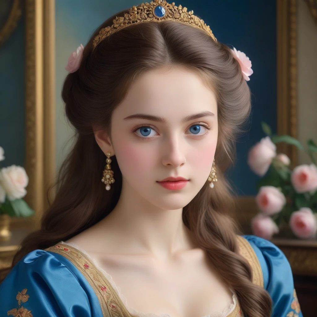 (High resolution,masterpiece:1.2),(Realistic:1.37), (Highest quality, High resolution, Very detailed, Realistic), A beautiful 19th century portrait of a 16-year-old French noble lady, (She is half French and half Japanese., She is a beautiful woman with deep blue eyes and a high nose.:1.1), Exquisite dress costumes, Detailed facial features, Long and graceful neck, Flowing long hair, Calm and elegant posture, Soft and delicate lighting, Classical Oil Painting Medium, Vibrant colors, Delicate background with floral motifs, Dreamy atmosphere, Surrealism, Graceful Aura