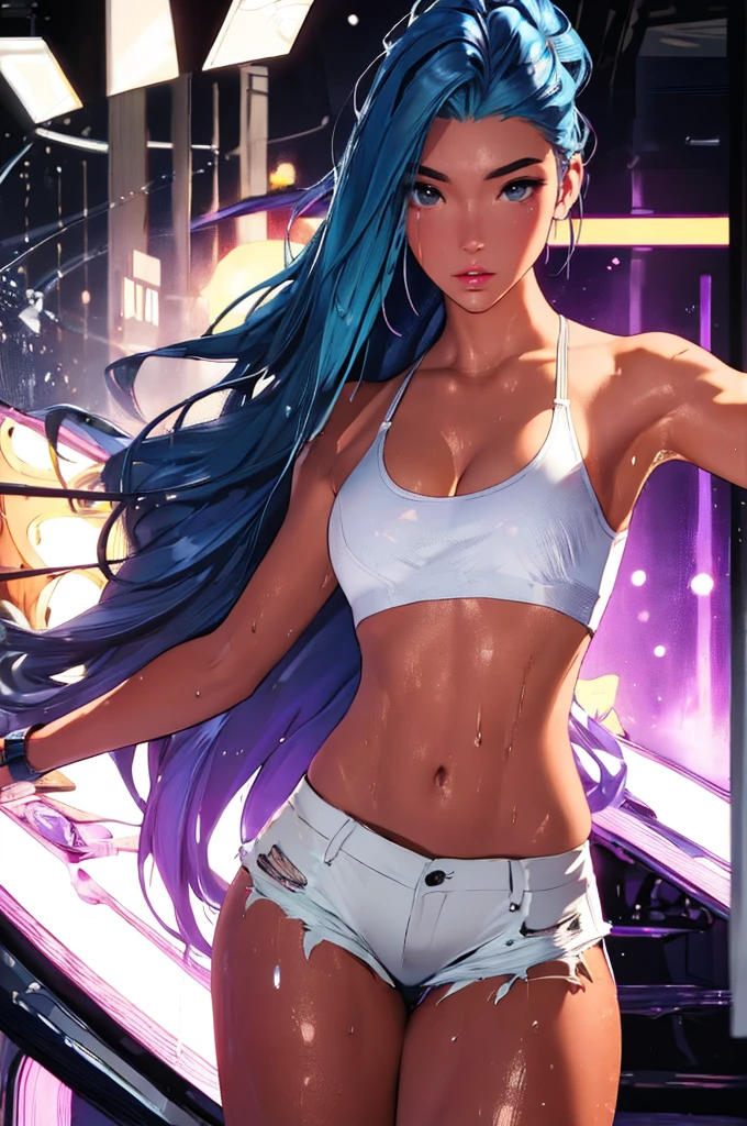 (best quality: 1.2), clean face, (masterpiece: 1.2, 8k)(PureErosFace_V1: 0.7), perfect anatomy, 1girl,a beautiful fashion model ,(masterpiece, official art, best quality) (wet skin, shiny skin) ,long and shiny hair, blue hair with streaks in hair, long hair, full lips, upturned nose , big breasts, looking at viewer, revealing outfit, absurdity, intricate details, dynamic pose, club, cinematic lighting, (highly detailed skin: 1.2), wearing
 short shorts and a tight white top, cleavage, torn clothes, thong straps