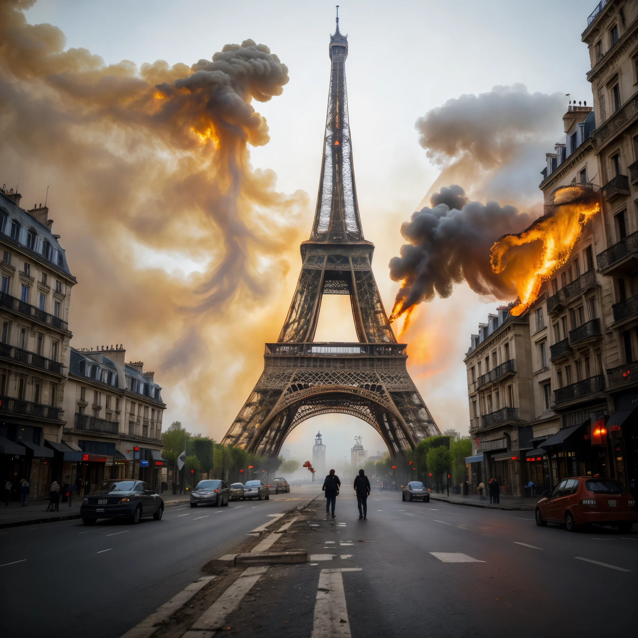 Eiffel Tower in flames, burning Tower, you can see flames, smoke, fog, burning house and trees, desolation, photorealistic vision from road level, street level point of view. ruins and screaming people in the streets