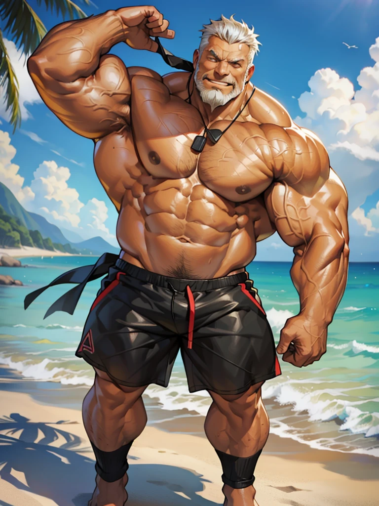 1boy, 1man, solo. beach, extremely huge muscular, massive muscular, full-body , (topless, shirtless, shorts), well-muscled old man. ((extremely muscle size, super thick arms, huge pec, extremely wide pectoral , huge arms)), wide smiling. Add textures and details to make the image more realistic, such as the appearance of the. Make sure the resulting image is high resolution, 8K quality