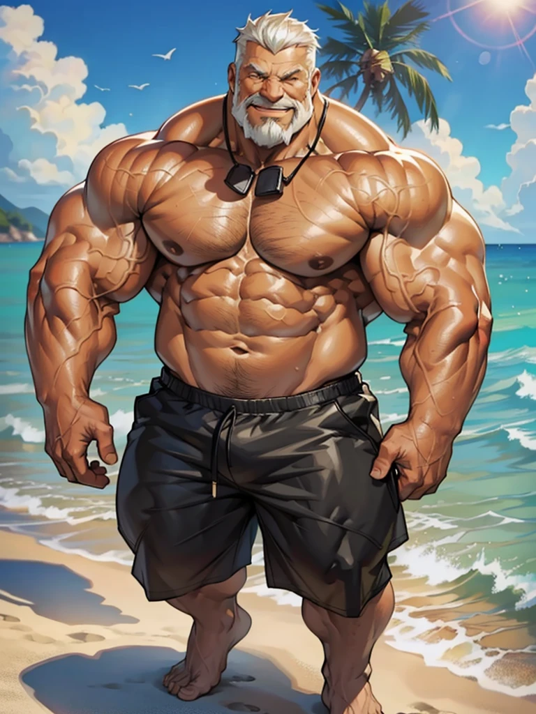 1boy, 1man, solo. beach, extremely huge muscular, massive muscular, full-body , (topless, shirtless, shorts), well-muscled old man. ((extremely muscle size, super thick arms, huge pec, extremely wide pectoral , huge arms)), wide smiling. Add textures and details to make the image more realistic, such as the appearance of the. Make sure the resulting image is high resolution, 8K quality