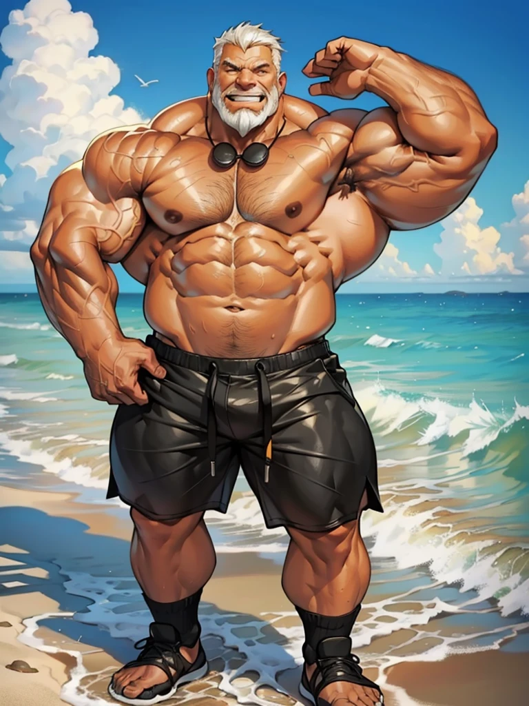 1boy, 1man, solo. beach, extremely huge muscular, massive muscular, full-body , (topless, shirtless, shorts), well-muscled old man. ((extremely muscle size, super thick arms, huge pec, extremely wide pectoral , huge arms)), wide smiling. Add textures and details to make the image more realistic, such as the appearance of the. Make sure the resulting image is high resolution, 8K quality