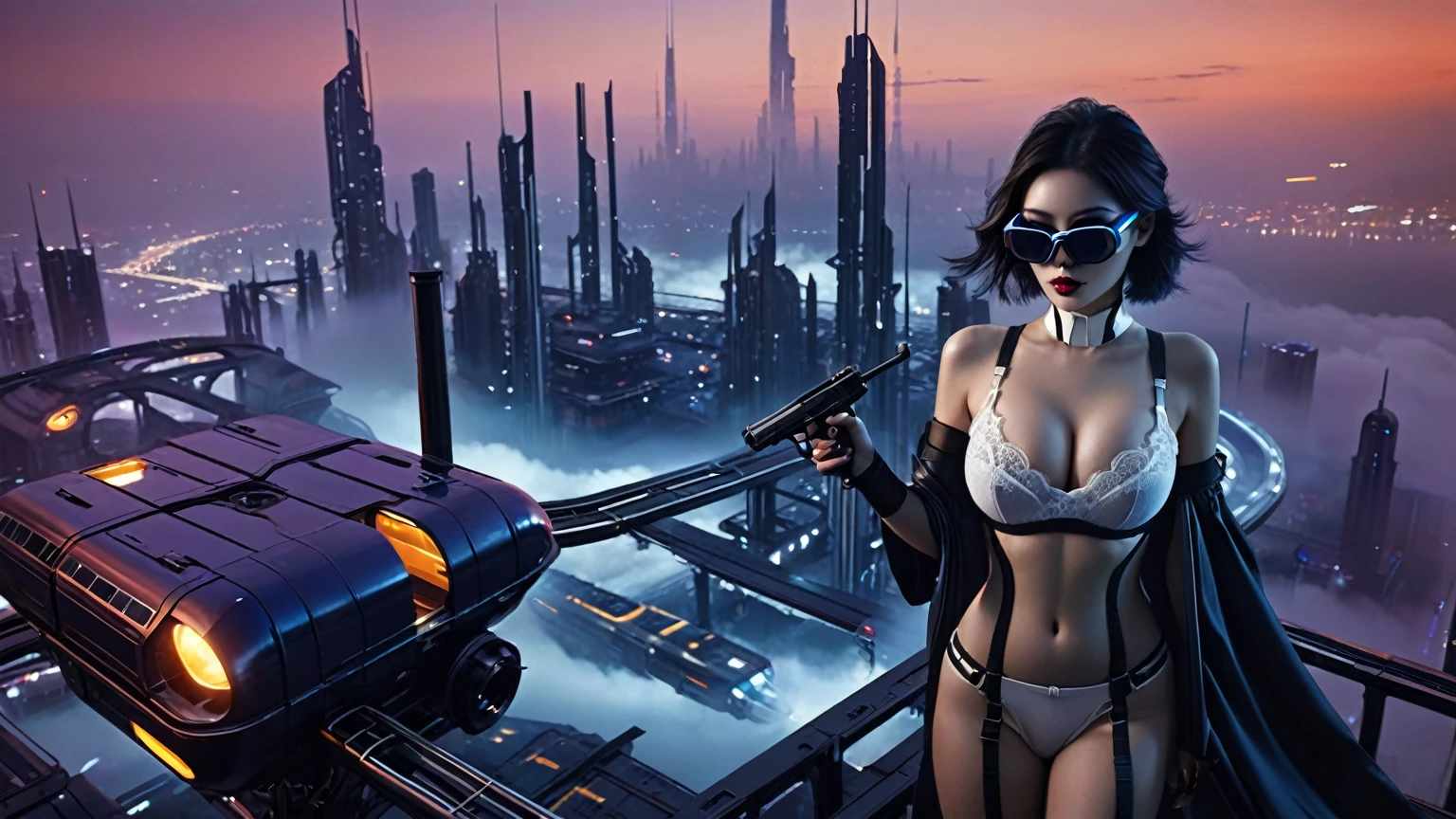 at night, ((a large-breast:1.2 lingerie slim:0.6 GIRL with black mini VR sunglasses)), ((holding a pistol)), aerial view of an ultra-futuristic megalopolis, tall metal buildings in dark colors from dark blue to black, shades of metal gray, smoky metal structures, industrial environment with fog around, dark cars on the streets, (flying vehicle), modern metal rails and trains passing through, ((futuristic space station)), realistic, detailed, sci-fi.